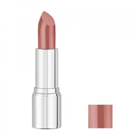Malu Wilz Nourishing Lipstick in a sleek silver tube with a nude pink shade swatch beside it.
