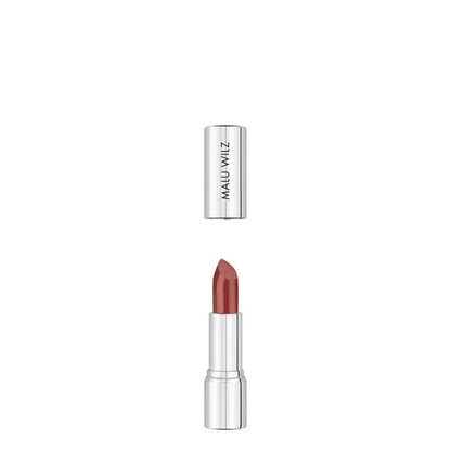 Malu Wilz Nourishing Lipstick in sleek silver casing, showcasing vibrant color and nourishing formula.