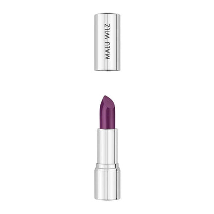Malu Wilz Nourishing Lipstick in vibrant purple shade with silver packaging, showcasing luxurious lip color and care.
