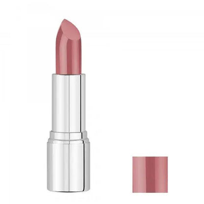 Malu Wilz Nourishing Lipstick in a sleek silver tube with a smooth pink shade for vibrant color and nourishment.