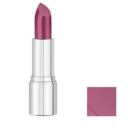 Nourishing lipstick in a vibrant mauve shade, showcasing a sleek silver packaging and color swatch.