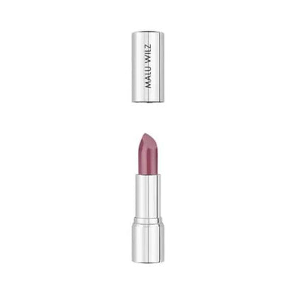 Nourishing Lipstick by Malu Wilz in a sleek silver tube, showcasing a creamy pink shade for vibrant color and hydration.