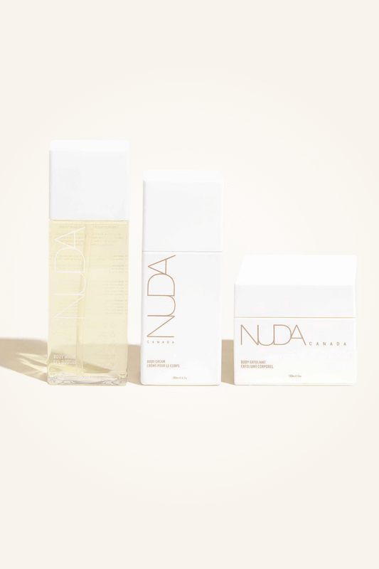 Body Essentials Trio set featuring tan remover, body wash, and moisturizer for sunless tanning.