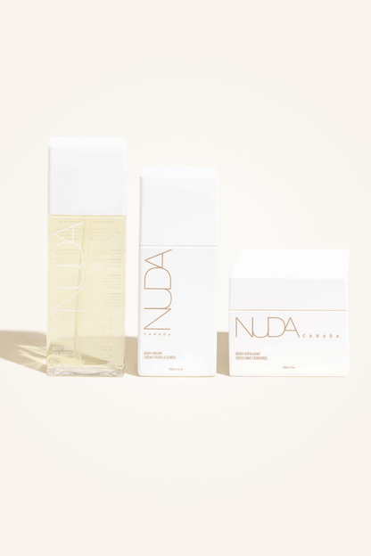 Body Essentials Trio set featuring tan remover, body wash, and moisturizer for sunless tanning.