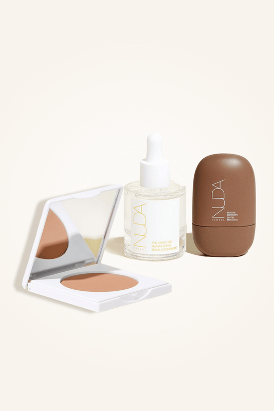 Deluxe Bronzed Trio featuring bronzing powder, glow drops, and facial self-tanner for a radiant complexion.