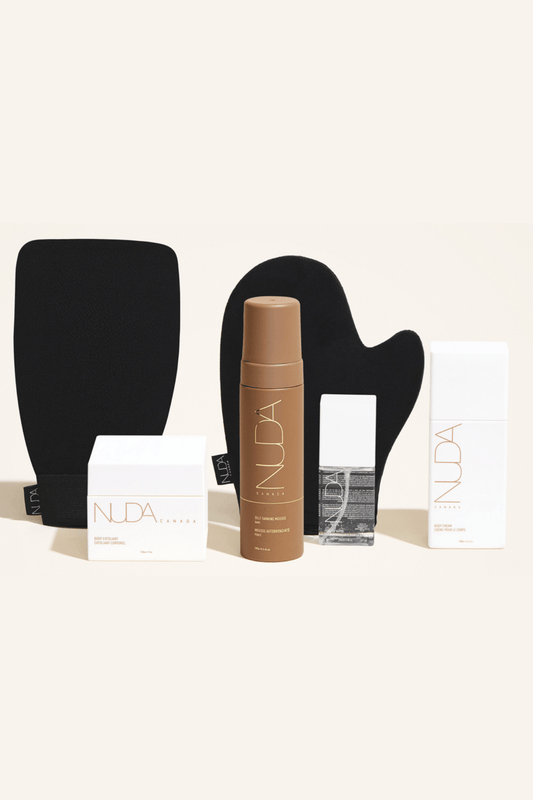Deluxe Routine Kit featuring self tanning mousse, exfoliant, tanning mitt, and body cream for a flawless tan.