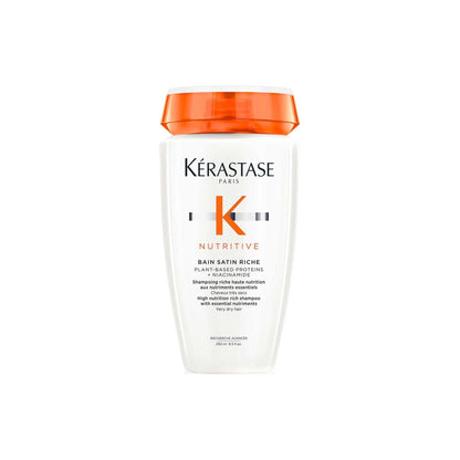 Kérastase Nutritive Bain Satin Riche Shampoo bottle for very dry hair, enriched with essential nutrients for hydration.