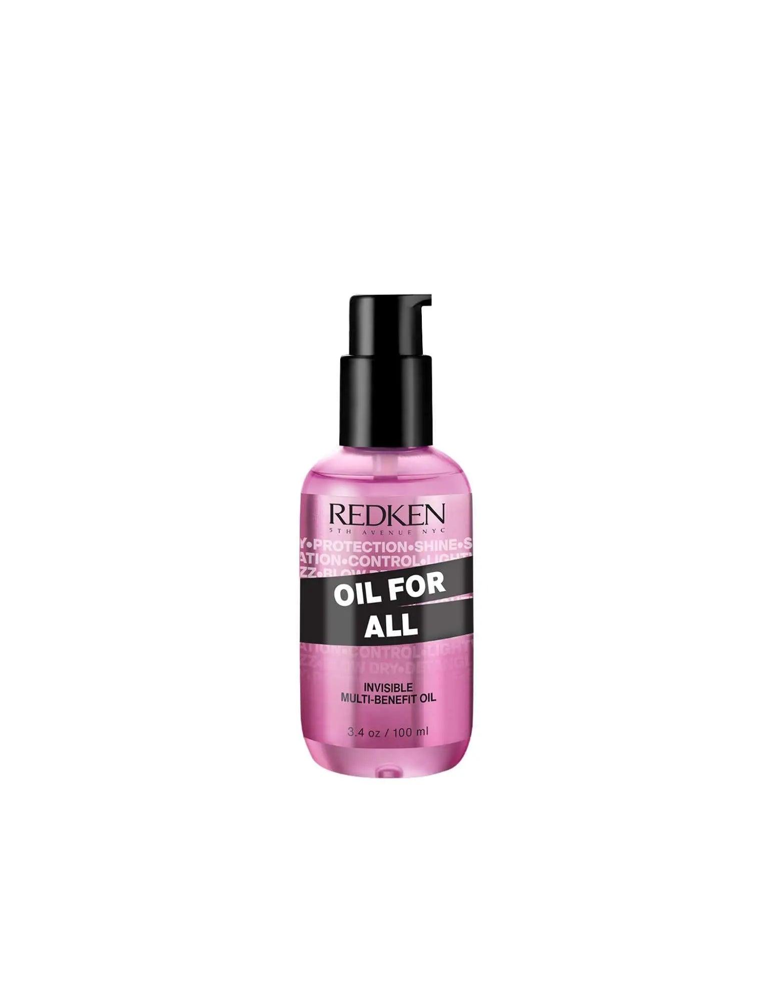 Redken Oil For All versatile hair oil in a pink bottle, designed for nourishment and shine for all hair types.