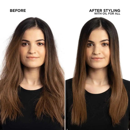 Before and after styling with Redken Oil For All, showing improved shine and smoothness in hair.