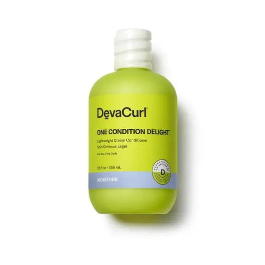 DevaCurl One Condition Delight lightweight cream conditioner for dry, fine curls, 12 oz, in vibrant green packaging.