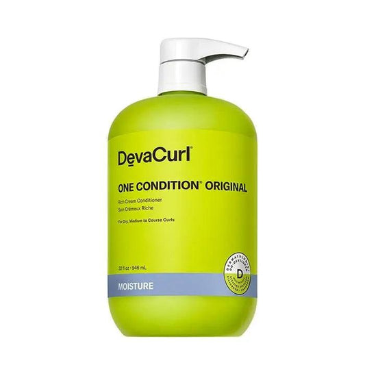 DevaCurl One Condition Original rich cream conditioner for dry, medium to coarse curls in a green pump bottle.