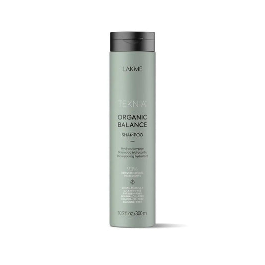 Organic Balance Shampoo by Lakme in a sleek green bottle, sulfate-free and moisturizing for daily use.