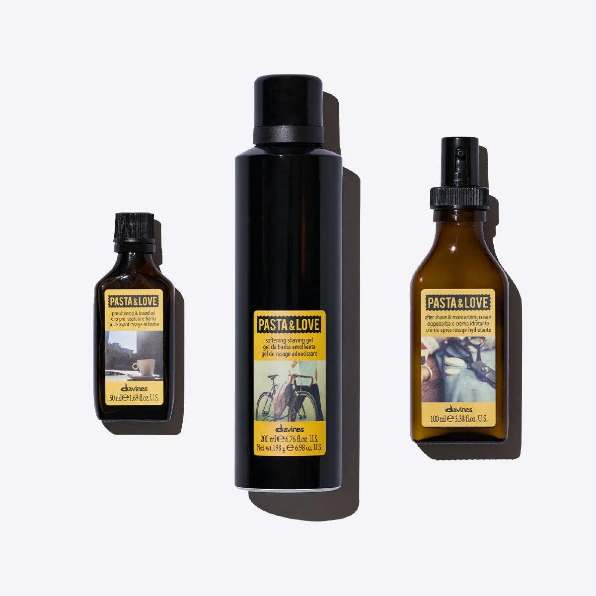 Pasta & Love Set featuring softening shaving gel, pre-shave oil, and moisturizing cream for a healthy beard.
