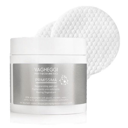 Primissima Regenerating Peel Pads jar with pad, featuring a multi-acid complex for gentle exfoliation and rejuvenation.