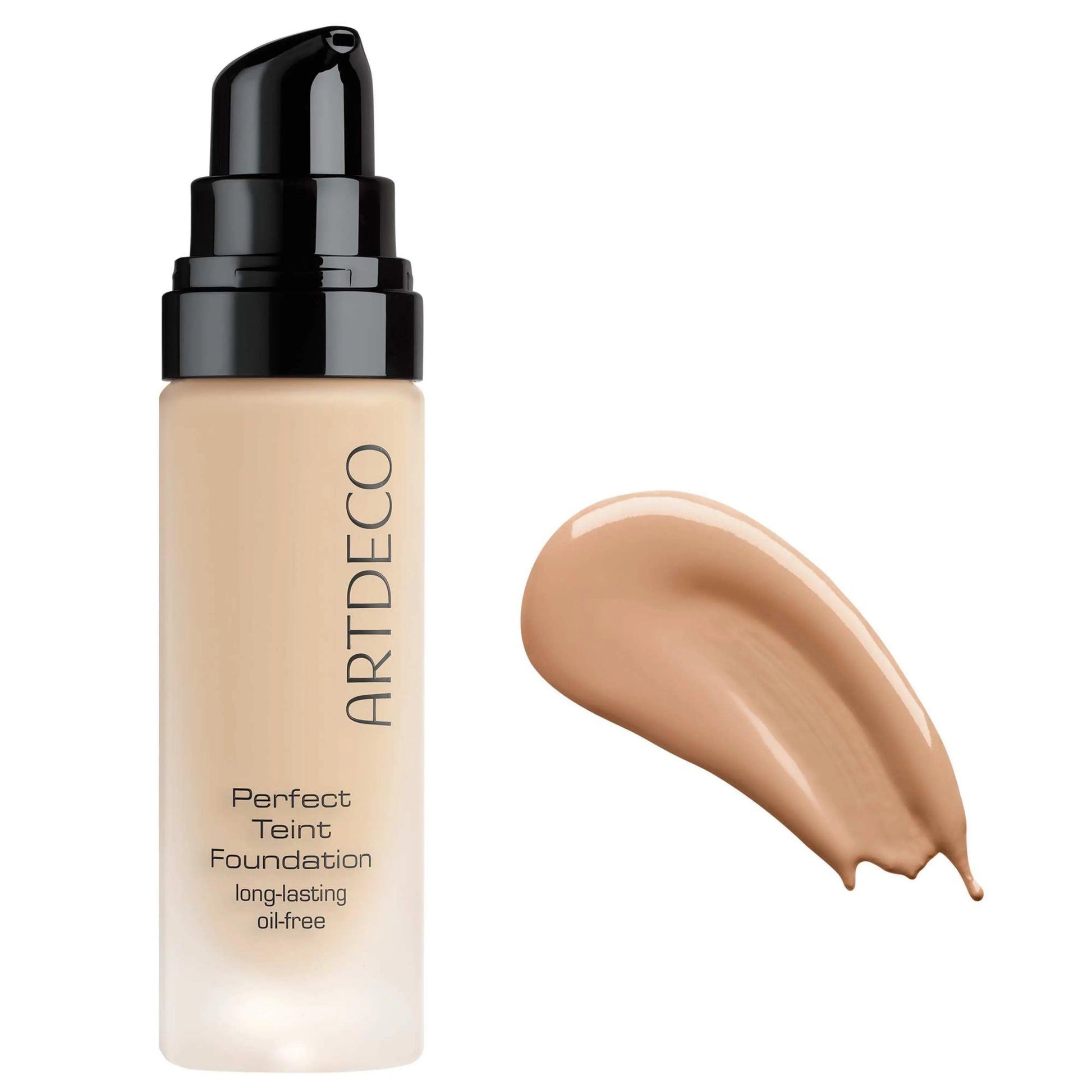 ARTDECO Perfect Teint Foundation bottle with swatch, featuring long-lasting and oil-free formula for a flawless complexion.
