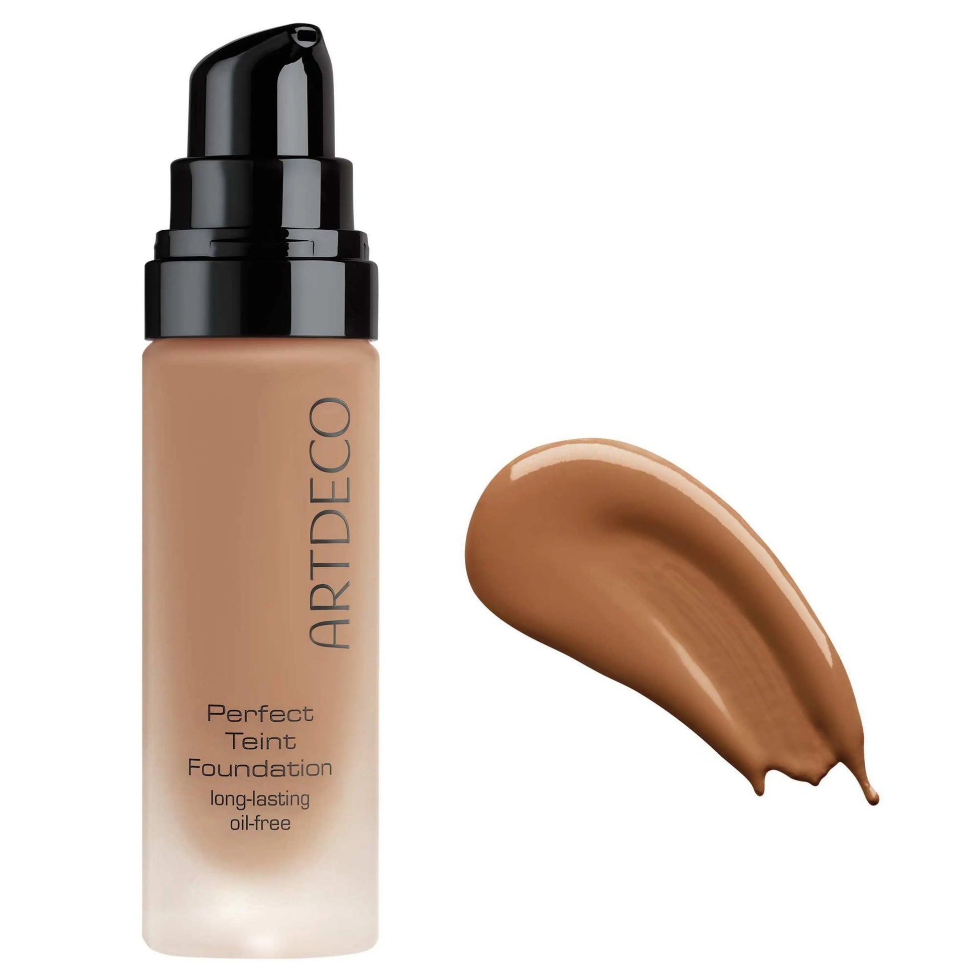 ARTDECO Perfect Teint Foundation bottle next to a swatch of the long-lasting, oil-free makeup in a warm shade.