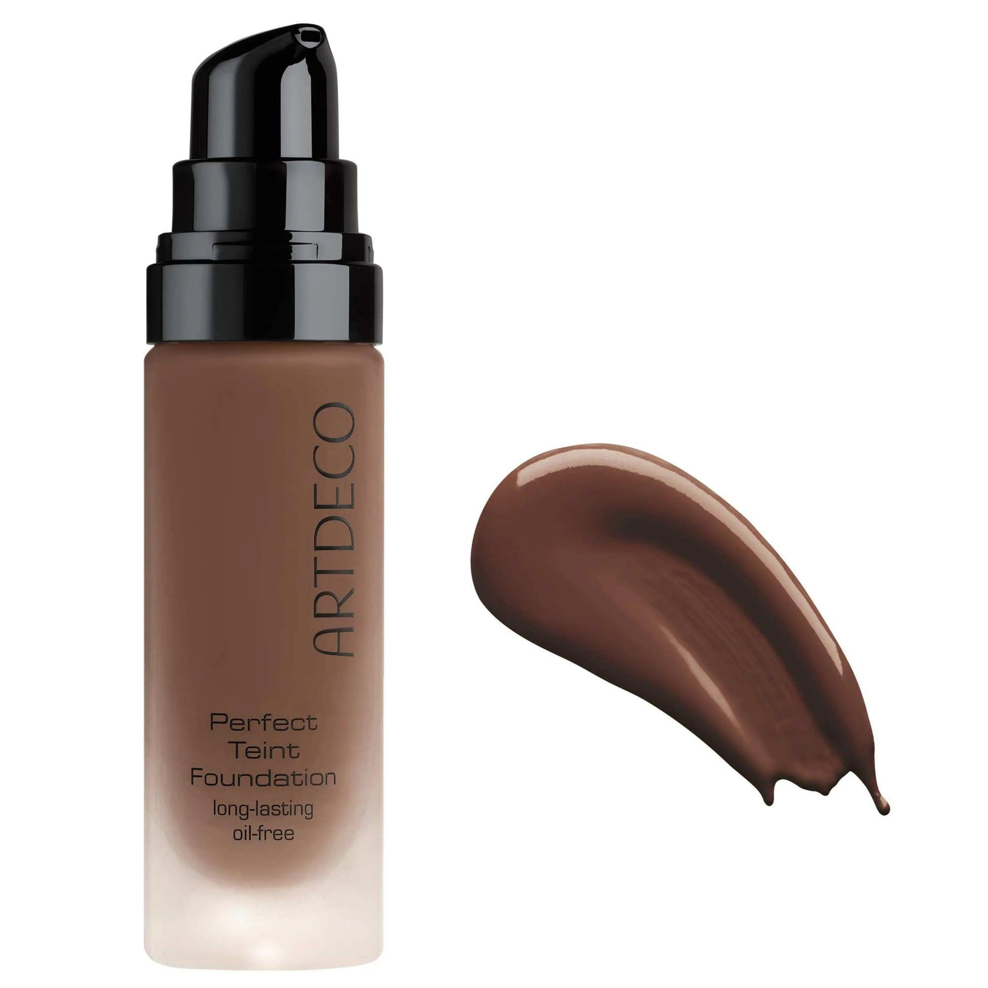 Artdeco Perfect Teint Foundation bottle with a swatch, offering long-lasting, oil-free coverage for a flawless complexion.