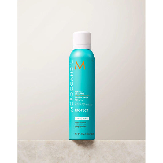 Perfect Defense Heat Protectant spray by Moroccanoil, infused with argan oil for hair protection up to 450°F/230°C.