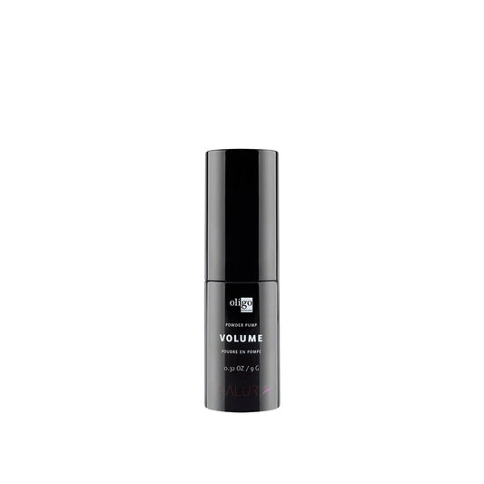 Black spray bottle of Oligo Powder Pump Volume for lasting hair volume and clean application. Vegan and paraben-free formula.