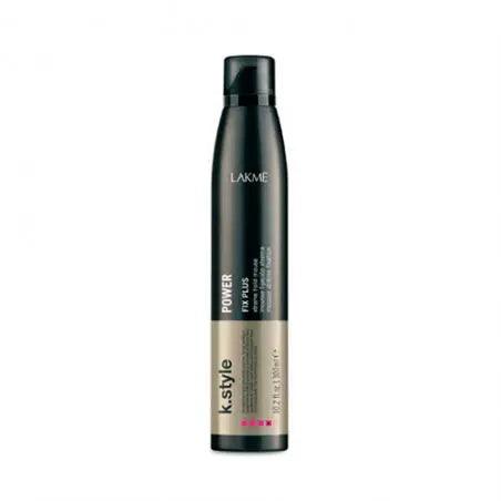 Power Xtreme Hold Mousse by Lakme in a sleek black bottle for maximum hold, UV protection, and green woody fragrance.