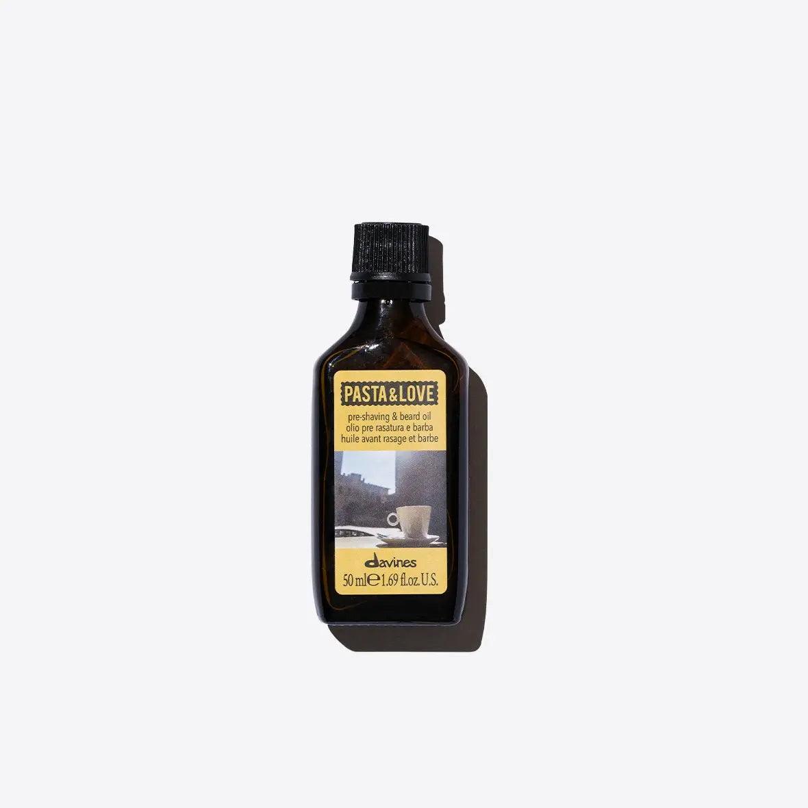 Davines Pasta & Love pre-shaving and beard oil bottle on a plain background, 50 ml size, grooming essentials for men.