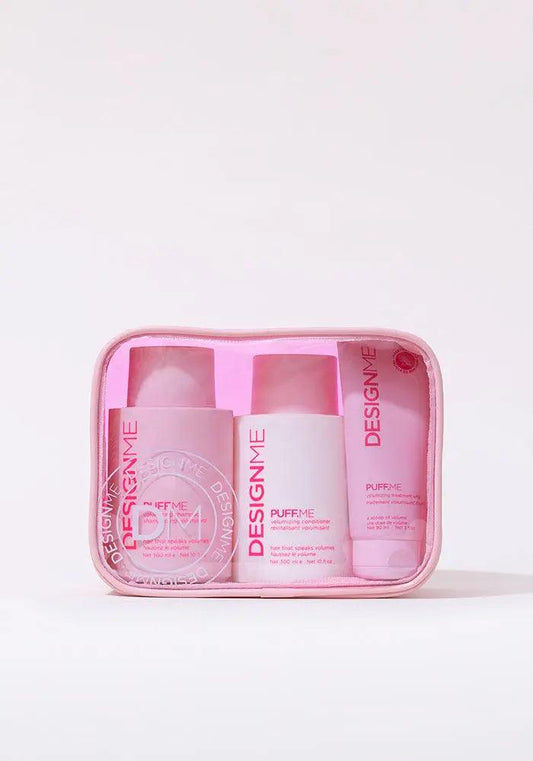 PUFF.ME Volume Glitz Kit featuring volumizing shampoo and conditioners in a pink travel pouch.