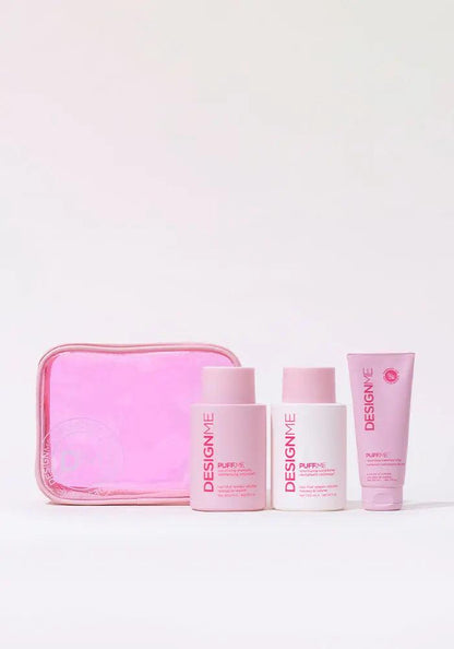 PUFF.ME Volume Glitz Kit featuring three pink hair products in a pouch, designed for soft, healthy volume and shine.