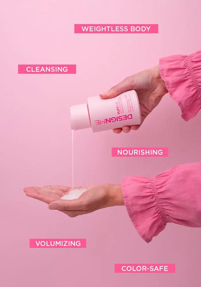Hand pouring PUFF.ME shampoo, showcasing weightless body, cleansing, nourishing, volumizing, and color-safe benefits.