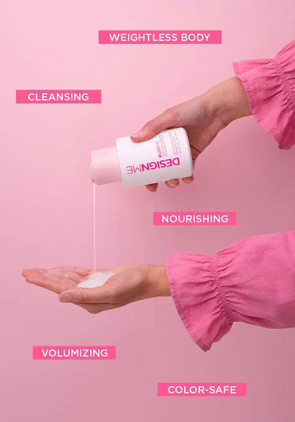 Hand pouring PUFF.ME shampoo, highlighting cleansing, nourishing, volumizing, and weightless body benefits on pink background.