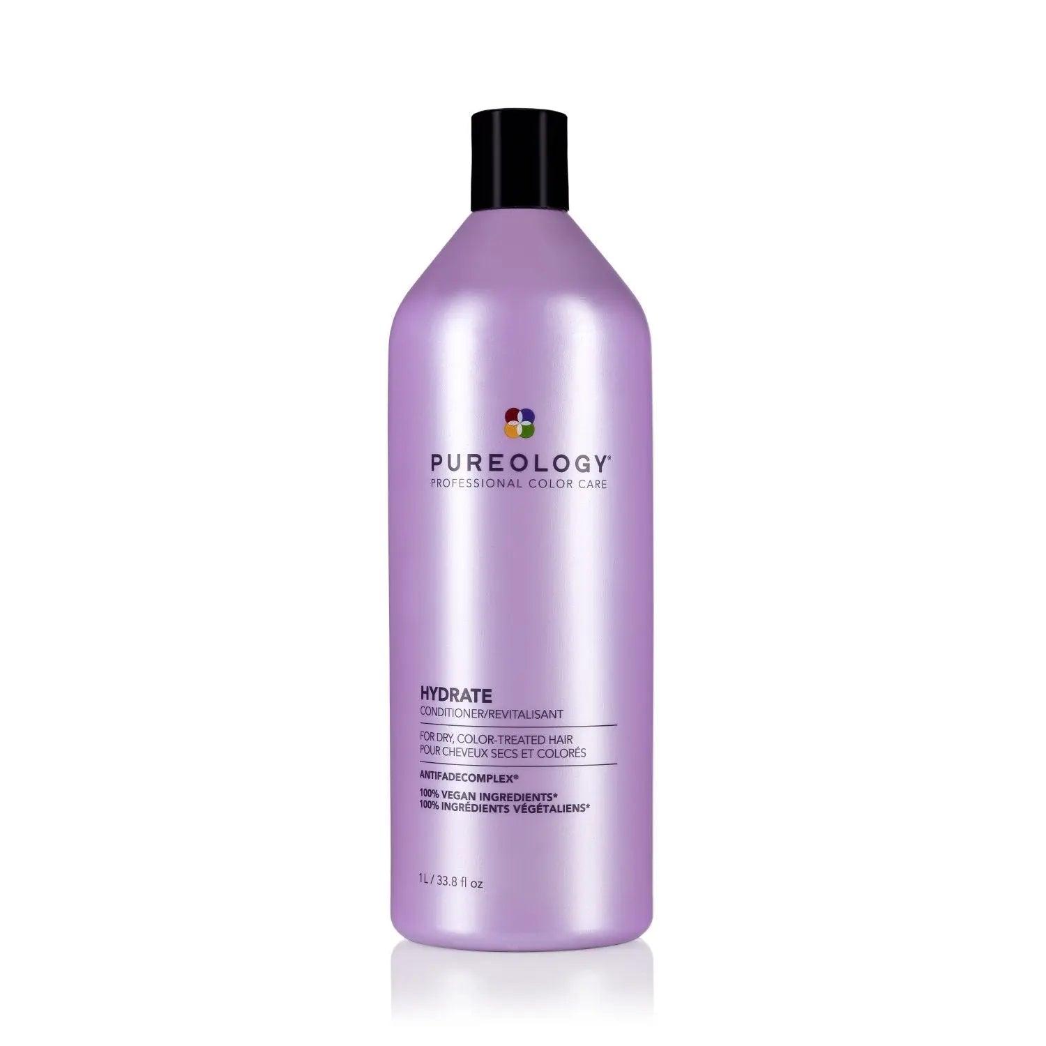 Pureology Hydrate Conditioner 33.8 oz bottle, sulfate-free, moisturizing for color-treated hair with peppermint and corn mint oils.