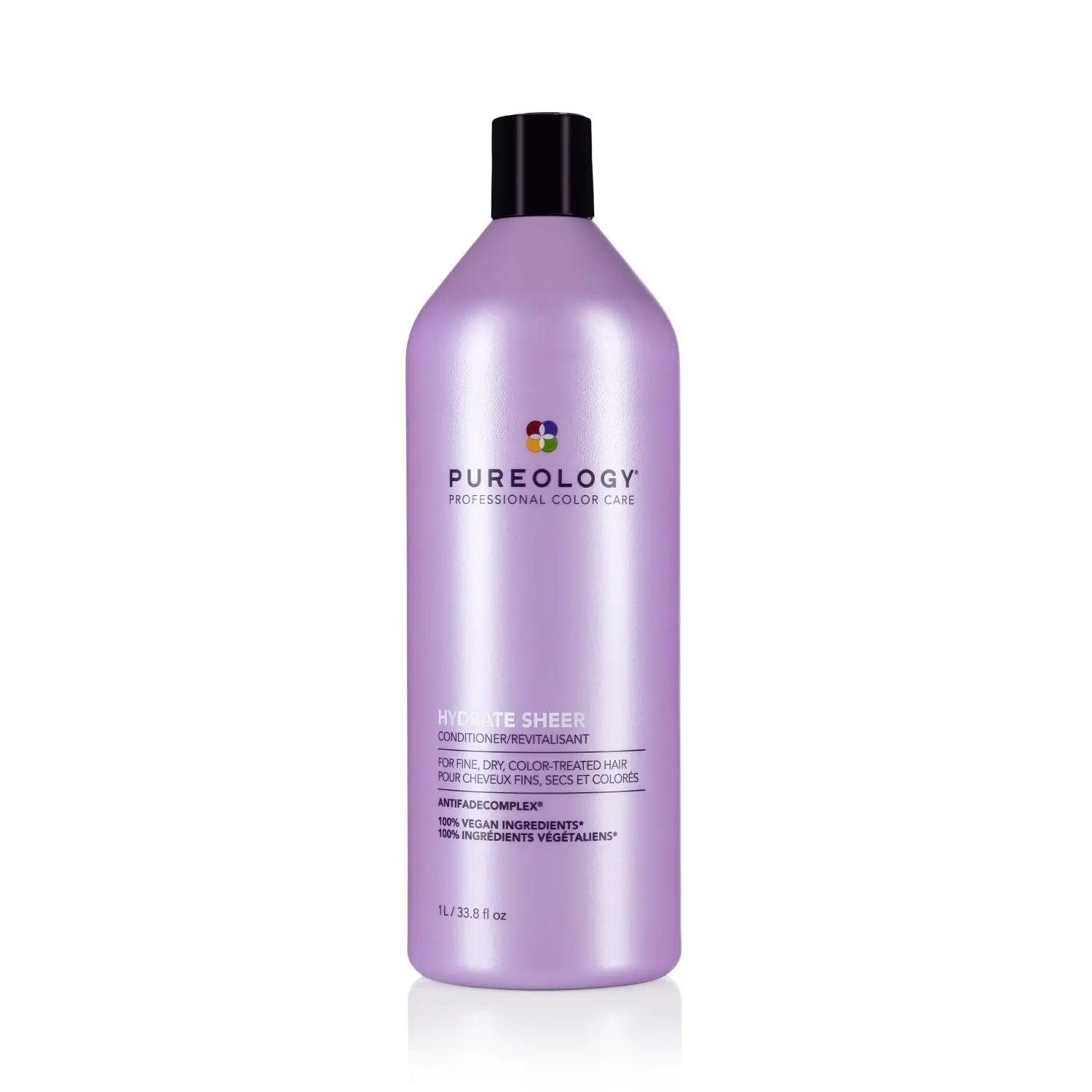 Pureology Hydrate Sheer Conditioner for fine, color-treated hair in a purple bottle, featuring a refreshing aromatherapy blend.