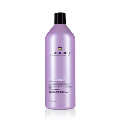 Pureology Hydrate Sheer Conditioner for fine, color-treated hair in a purple bottle, featuring a refreshing aromatherapy blend.