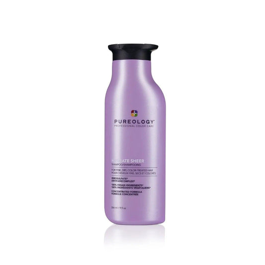 Pureology Hydrate Sheer Shampoo bottle, lightweight moisturizing formula with Peppermint and Corn Mint Essential Oils.