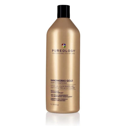 Pureology Nano Works Gold Shampoo in a sleek golden bottle, designed for color-treated hair to improve shine and manageability.