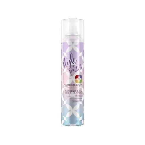 Pureology Refresh & Go Dry Shampoo spray canister for oil-absorbing, non-drying hair freshness and styling.