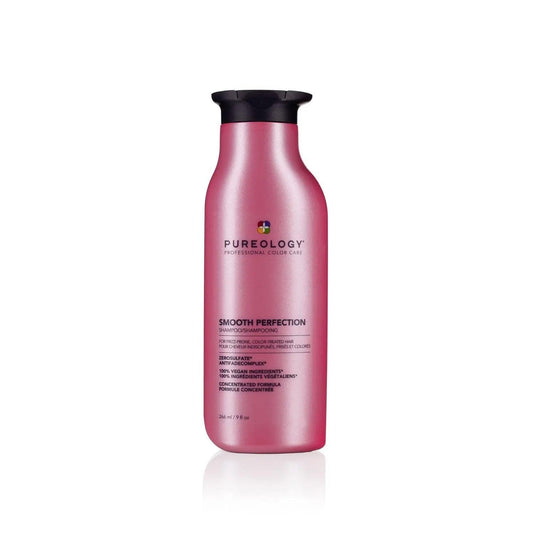 Pureology Smooth Perfection Shampoo bottle for color-treated hair, gently cleanses without fading color, featuring violet, clove, and musk scent.