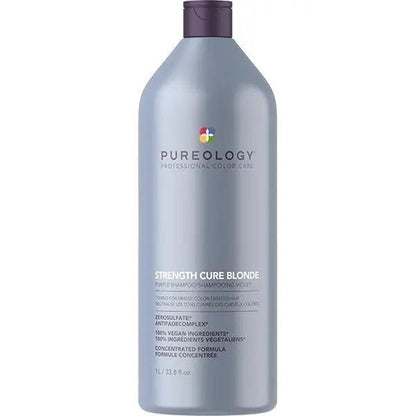 Pureology Strength Cure Best Blonde Shampoo bottle, 33.8 oz, features ZeroSulfate formula and Antifade Complex for blonde hair care.