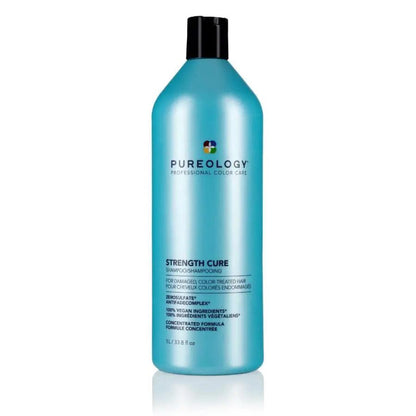 Pureology Strength Cure Shampoo bottle for damaged, color-treated hair, sulfate-free and concentrated formula.
