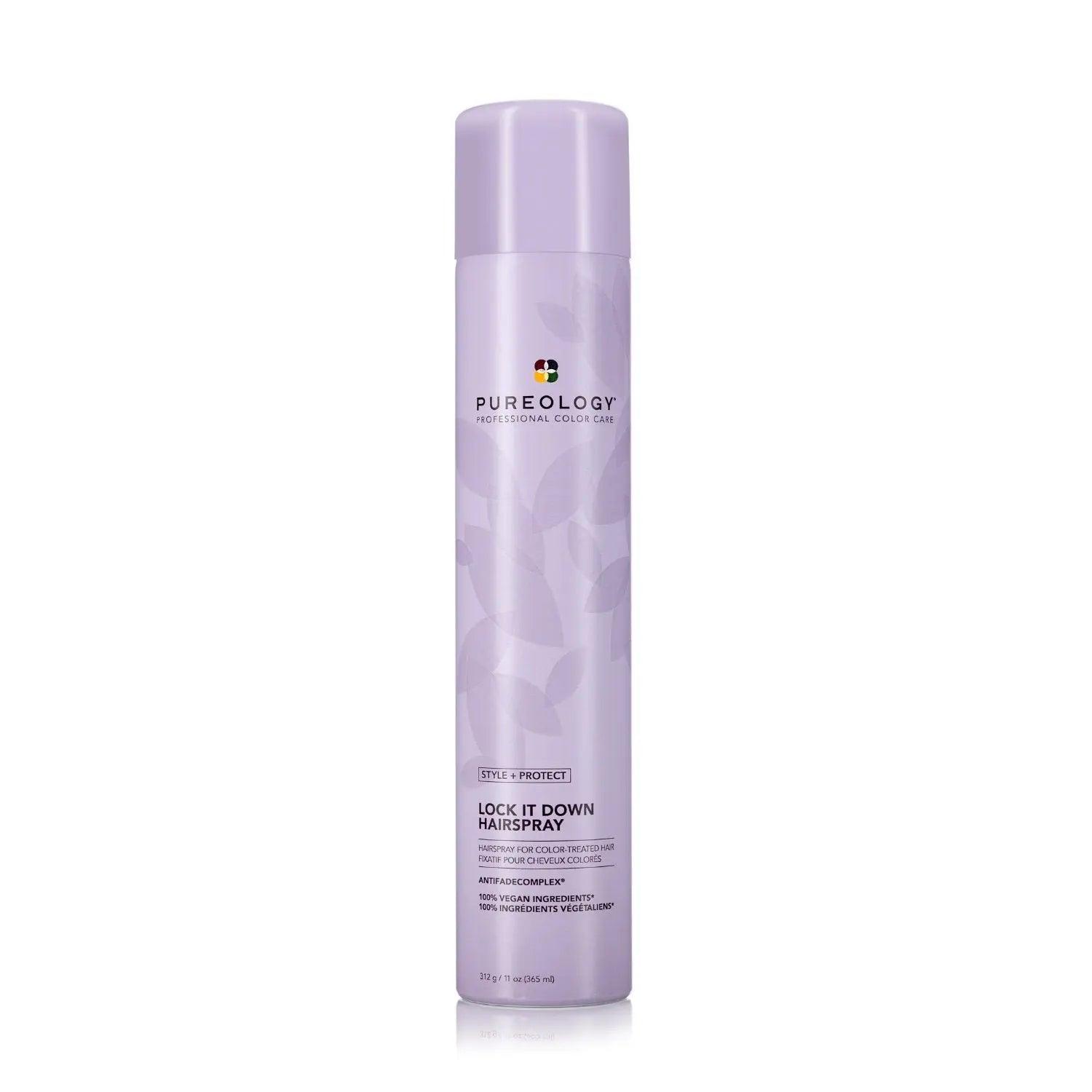Pureology Style + Protect Lock It Down Hairspray bottle designed for maximum hold and radiant shine with olive oil.