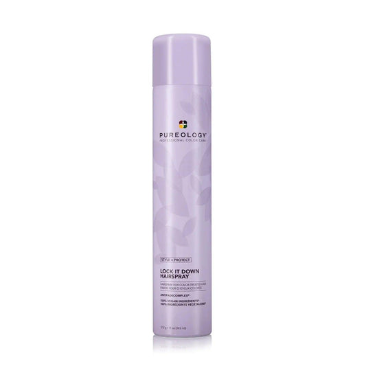 Pureology Style + Protect Lock It Down Hairspray bottle designed for maximum hold and radiant shine with olive oil.