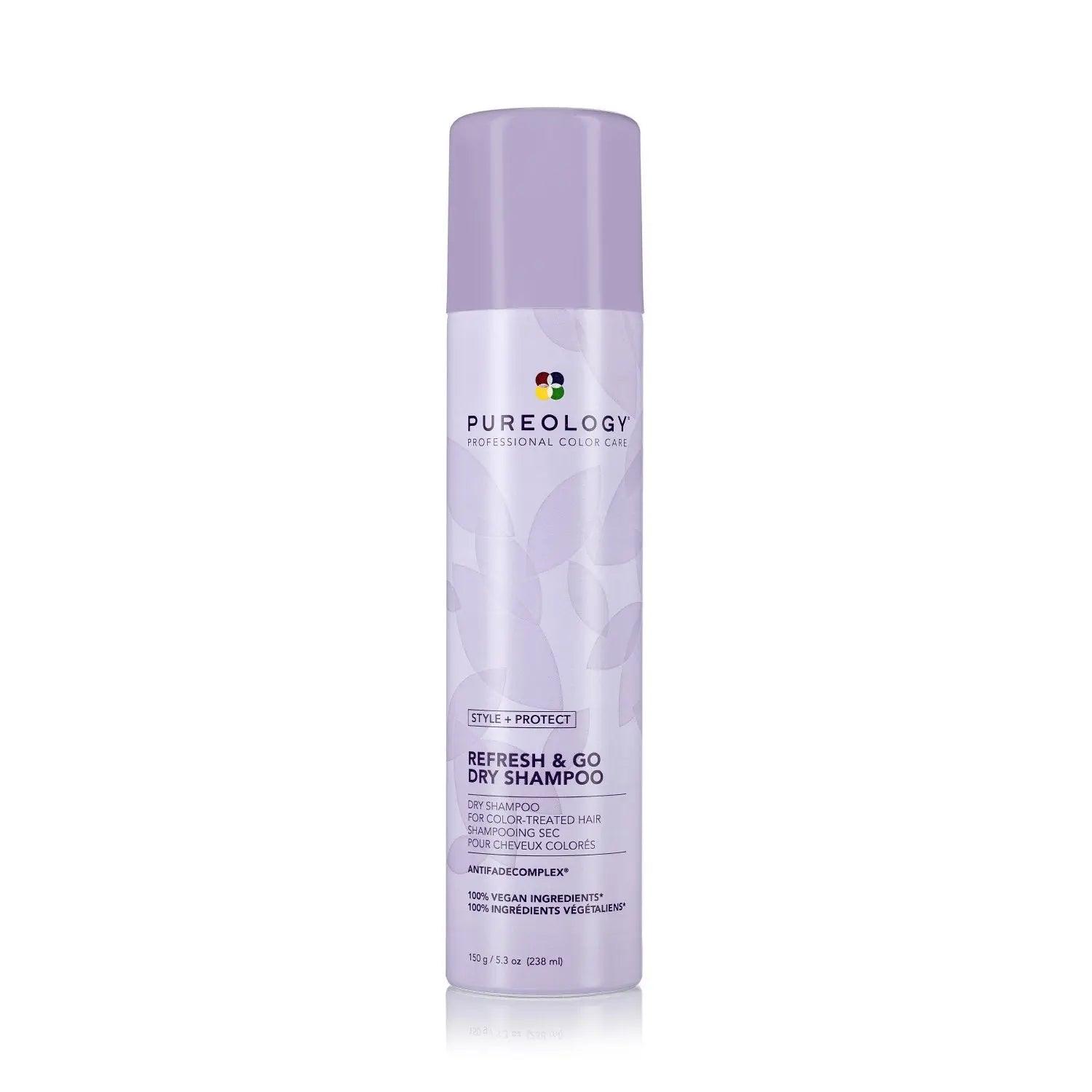 Pureology Refresh & Go Dry Shampoo bottle for oil absorption and fresh styling on color-treated hair.