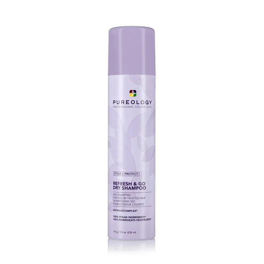 Pureology Refresh & Go Dry Shampoo bottle for oil absorption and fresh styling on color-treated hair.