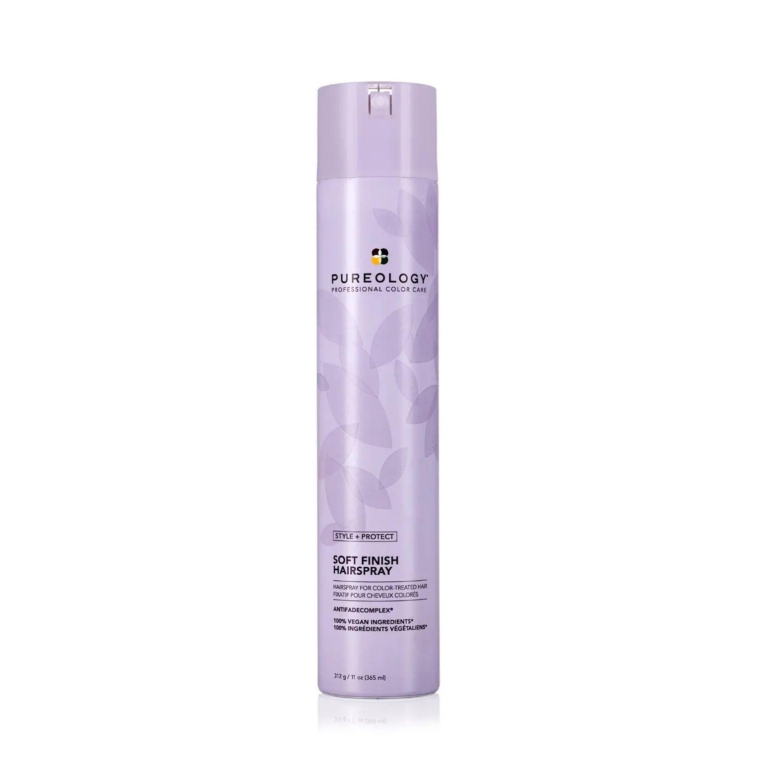 Pureology Style + Protect Soft Finish Hairspray bottle with a flexible hold and radiant shine using natural ingredients.