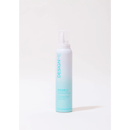 "DESIGNME Quickie Me Dry Shampoo Foam for all hair types in white and light blue bottle"