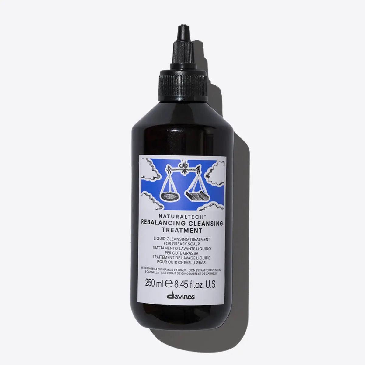 Rebalancing Cleansing Treatment bottle for greasy scalp with 250 ml liquid formula designed to maintain a healthy scalp.