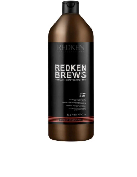 Redken Brews 3 In 1 Shampoo 1L bottle, a multi-functional hair and body wash for men, suitable for all hair types.