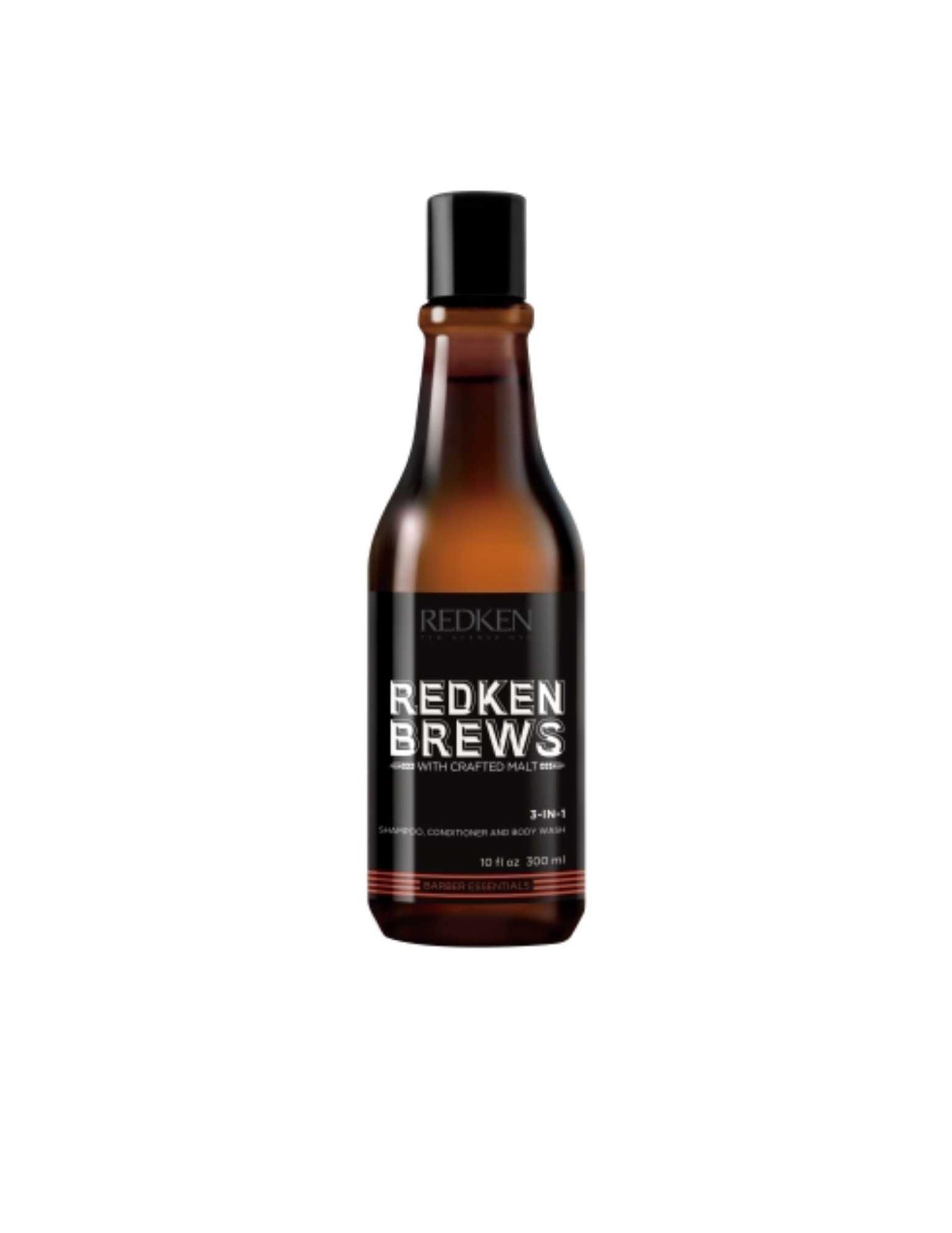 Redken Brews 3 In 1 Shampoo bottle for men, suitable for all hair types and textures, combining shampoo, conditioner, and body wash.