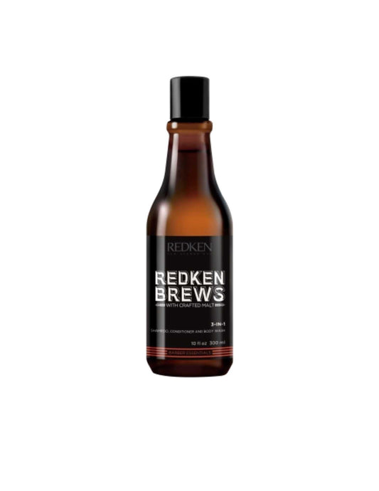 Redken Brews 3 In 1 Shampoo bottle for men, suitable for all hair types and textures, combining shampoo, conditioner, and body wash.