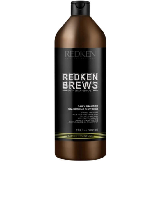 Redken Brews Daily Shampoo 1L bottle for all hair types, designed to cleanse and promote a healthy scalp.