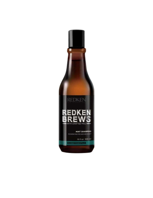 Redken Brews Mint Shampoo bottle, infused with menthol for refreshing and invigorating hair cleansing. Ideal for all hair types.